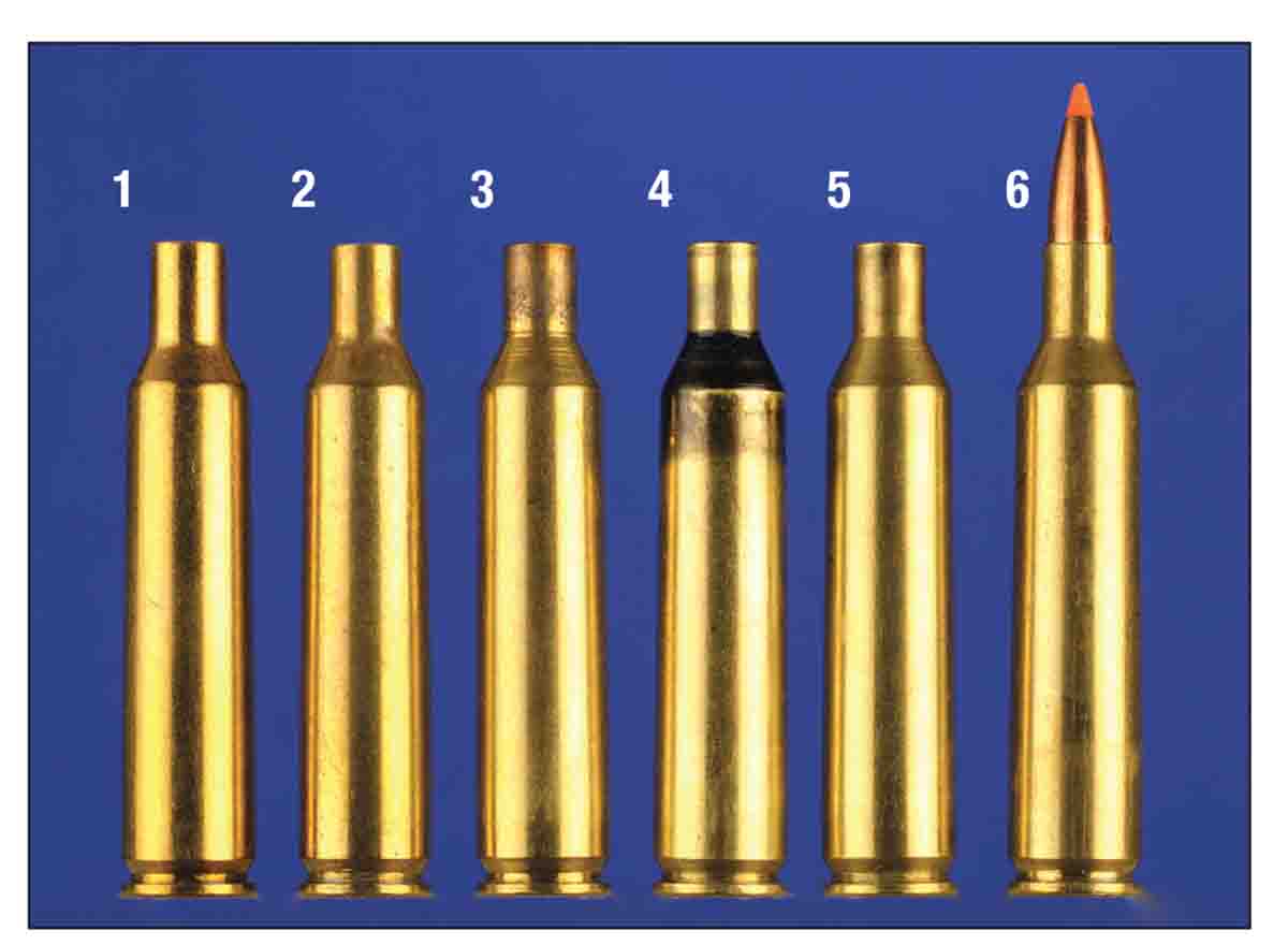 Forming af messing til den .224 Texas Trophy Hunter, fra venstre til højre: 1) 6mm Remington hylster, 2) indsnævret til .224 tommer, 3) ildformet hylster, 4) kun halsstørrelse, 5) rengjort til ladning, 6) ladt patron.